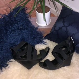 Black BCBG Generation strappy wedge sandals size 8